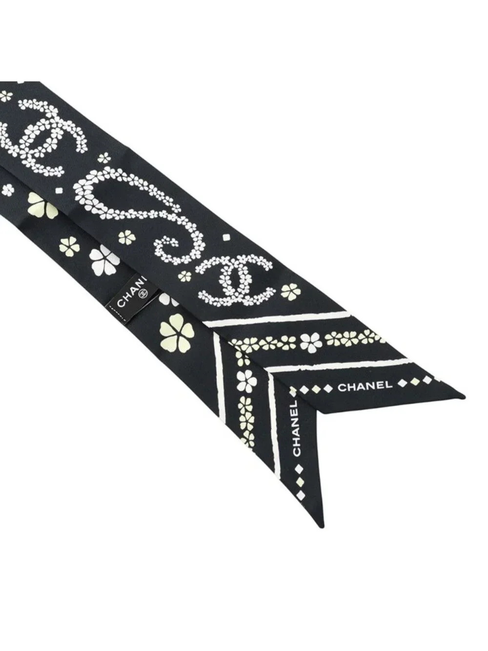 Chanel 26B Scarf CC Logo Flower Silk Black White